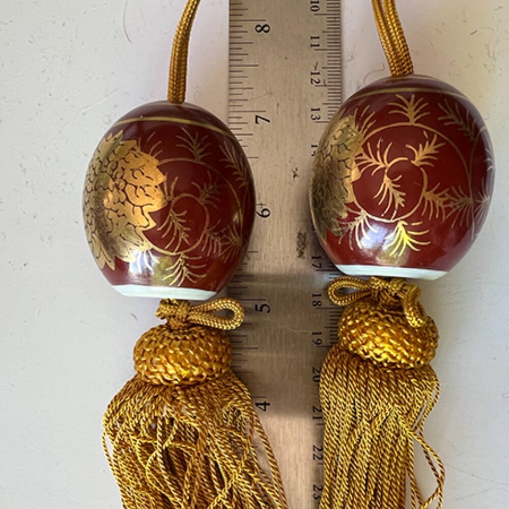 Large Porcelain Maroon/Gold Bead Tiebacks  (Pair)